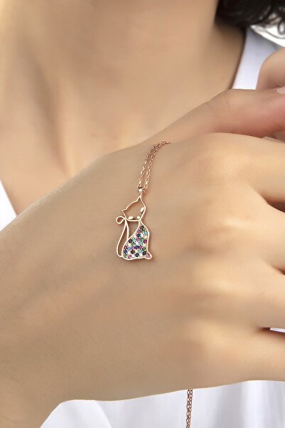 Gümüş Vadisi Kadın Orjinal 925 Ayar Gümüş Zirkon Taşlı Kedi Model Kolye