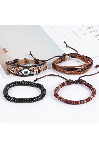 Tesbihane Multi-Layer Leather & Metal Alloy Combination Ethnic Design Eye Detailed Retro Men's Bracelet