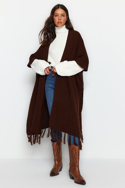 Trendyol Modest Καφέ φούστα με φούντα μακριά πλεκτά ζακέτα TCTAW23TH00008