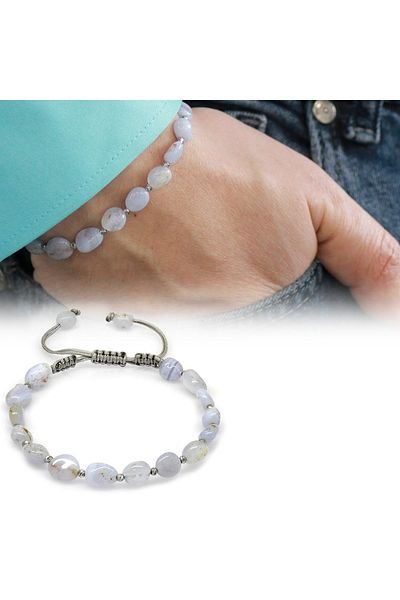 Tesbihane Macrame Braided Natural Cut Chalcedony Natural Stone Men's Bracelet