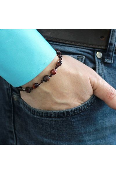 Tesbihane Macrame Braided Natural Cut Dorica Ball Detailed Dark Color Tiger Eye Natural Stone Men's Bracelet