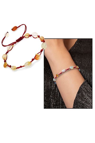 Tesbihane Macrame Braided Natural Cut Dorica Ball Detailed Agate Natural Stone Women's Bracelet