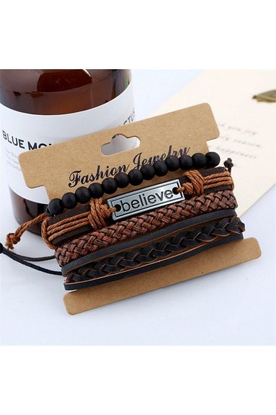 Tesbihane Multi-Layer Leather & Metal Alloy Combination Ethnic Design Trust Written Retro Women's Bracelet