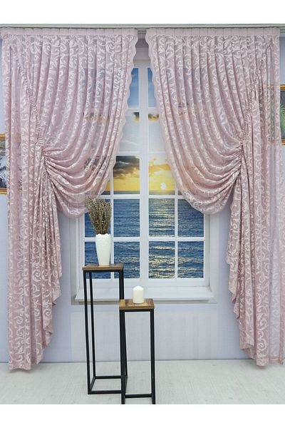 Artper Perdeniz Powder Pink Gathered Tulle Background Curtain - 2 Blades, 100X270