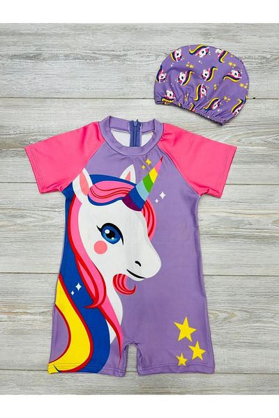 pistyle Girl's Line Character Patterned Full Sleeve Swimsuit and Bonnet for Sensitive Skin.