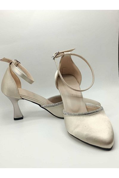 only my store Women's Satin Cream Beige Stone Evening Dress Shoes