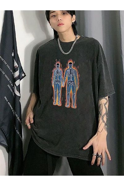 Touz Πλένονται Flaming Skeletons Printed Unisex Oversize Vintage T-shirt