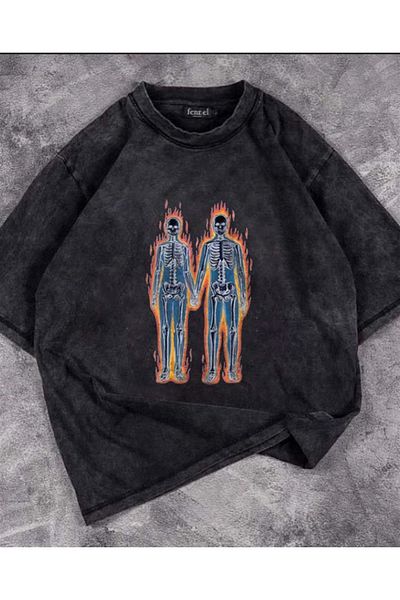 Touz Πλένονται Flaming Skeletons Printed Unisex Oversize Vintage T-shirt