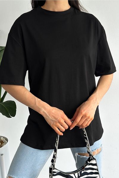 FEMELLE Tricou negru din bumbac oversize, imprimat la spate, nou sezon