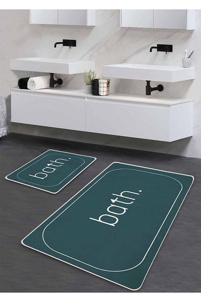 Pilloveland Covoraș de baie lavabil cu bază anti-alunecare din 2 piese - model de baie albastru petrol 60*100 cm - 50*60 cm