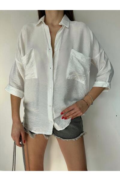 Genel Markalar Beyaz Keten Kumaş Oversize Gömlek