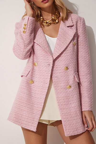 Happiness İstanbul Női rózsaszín gombos blézer Tweed dzseki WF00004