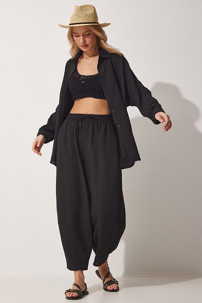 Happiness İstanbul Schwarzes Leinenhemd- und Baggy-Hosen-Set für Damen DZ00080