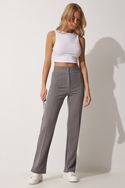 Happiness İstanbul Dámské šedé pohodlné pletené kalhoty z lycry s vysokým pasem RV00090