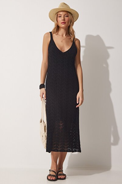 Happiness İstanbul Schwarzes, durchbrochenes Träger-Sommer-Strickkleid für Damen NF00044