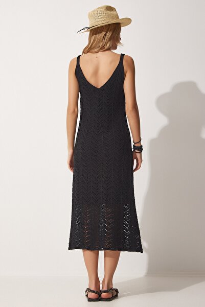 Happiness İstanbul Schwarzes, durchbrochenes Träger-Sommer-Strickkleid für Damen NF00044