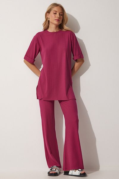 Happiness İstanbul Set aus Oberteil und Unterteil aus Strick mit Stretch-Anteil für Damen, Pflaume, KH00086