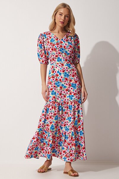 Happiness İstanbul Women's Red Blue Floral V-Neck Summer Woven Dress HM00062