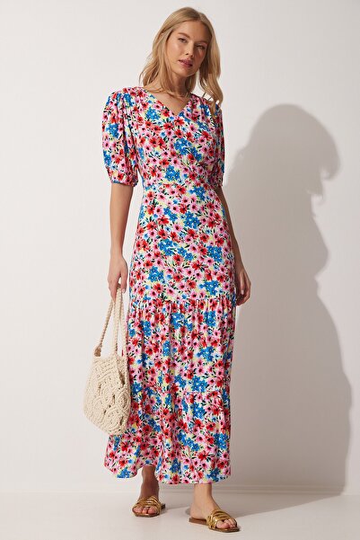 Happiness İstanbul Women's Red Blue Floral V-Neck Summer Woven Dress HM00062