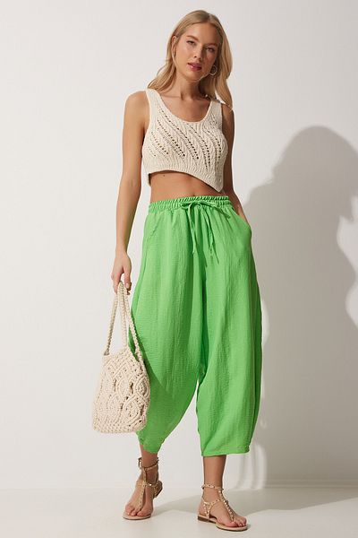 Happiness İstanbul Pistaziengrüne Leinen-Shalwar-Hose für Damen DZ00081