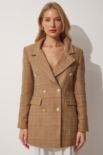 Happiness İstanbul Dámská tvídová bunda WF00004 se zapínáním na knoflíky a tmavé sušenky