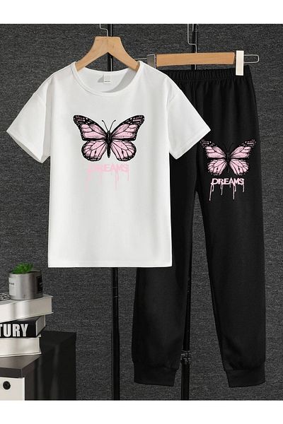 LePold Top Tricou alb Partea de jos Negru Imprimat de vis Fete/Băieți Set de tricou și trening supradimensionat