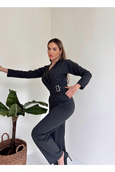 MOCCHI Ceket Yaka Kemer Detaylı Kadın Çizgi Desenli Çizgili Tulum