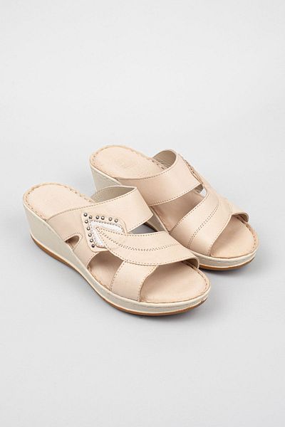 Adım Adım Women's Genuine Leather Wedge Heeled Orthopedic Beige Slippers
