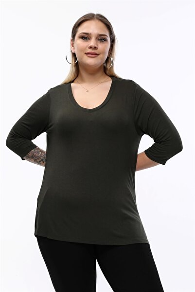 Seamoda V-neck Three-quarter Sleeve Viscon Blouse-khaki