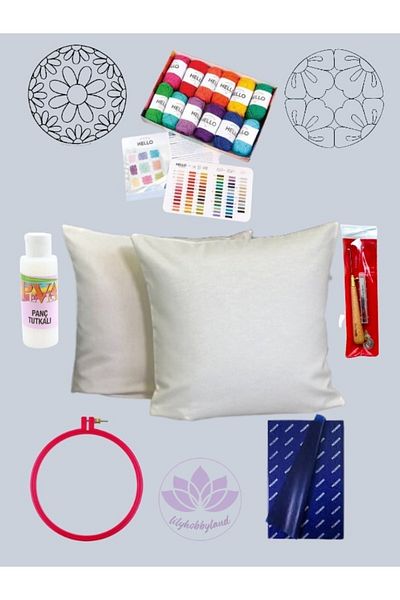 LİLYHOBBYLAND Punch-pot Throw Pillow Embroidery Set with All Supplies Color Cream 2 Pieces