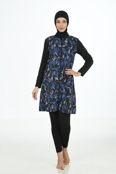 Fantasy Patterned Parachute- Lycra Black Blue Hijab Swimsuit 3358
