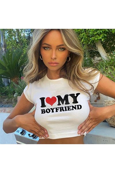 Touz I Love My Boyfriend Printed White Crop