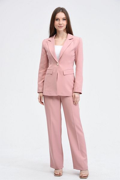 SİZ Pink Single Button Jacket Belted Pocket Palazzo Pants Set
