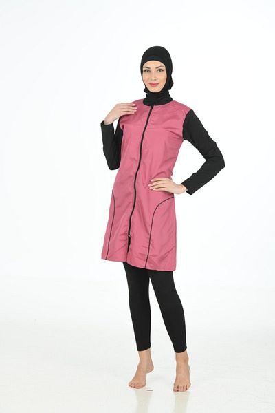Fantasy Solid Color Parachute - Lycra Fabric Powder Black Hijab Swimsuit 3372