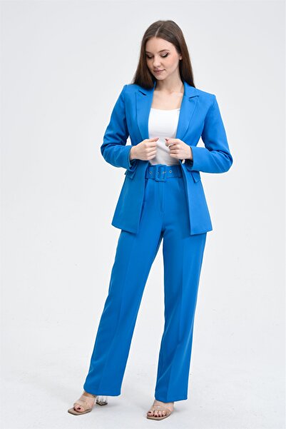 SİZ Saks Mavi Tek Düğme Ceket Kemerli Cepli Palazzo Pantolon Takım