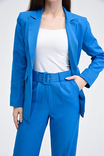 SİZ Saks Mavi Tek Düğme Ceket Kemerli Cepli Palazzo Pantolon Takım