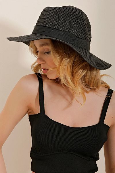 Trend Alaçatı Stili Woman's Black Wide Straw Hat with Bow Detail ALC-X10184