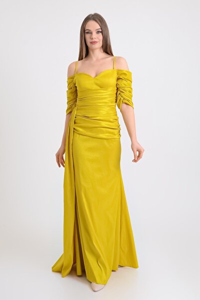 SpringStore Yağ Yeşili Düşük Kollu Straplez Abiye Elbise