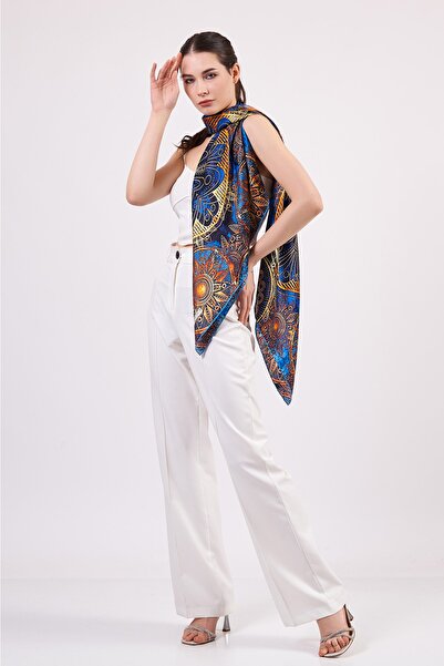 Nomads Felt 100% Silk Shawl Scarf| Mandala Pattern| 140 cm| Blue