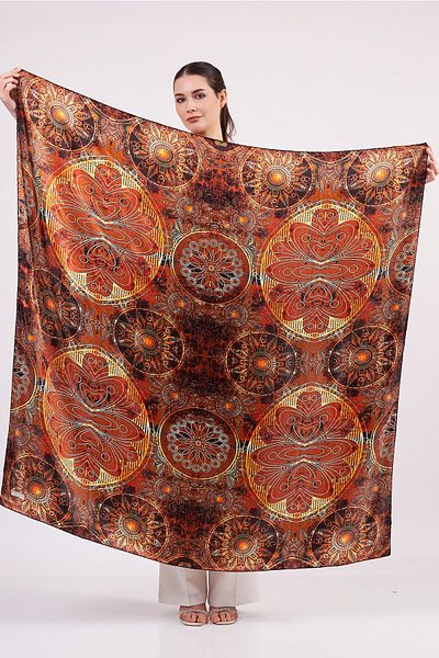Nomads Felt Brown Mandala Patterned Shawl Scarf - 140 Cm, 100% Silk