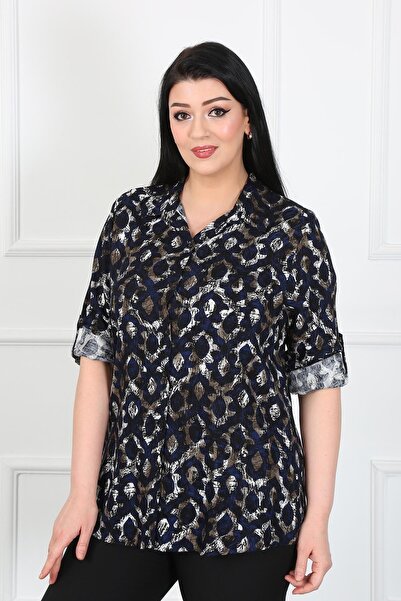 By Alba Collection Жіночий темно-синій візерунчастий бавовняний віскозний гольф плюс розмір Сорочка