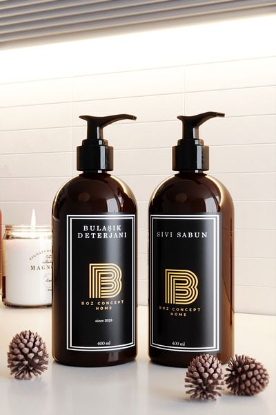 boz concept home 2 Συσκευασία Bathroom Organizer Πλυντήριο πιάτων και Υγρό Σαπούνι Κεχριμπάρι Πλαστικό Μπουκάλι με Ετικέτα 400 Ml