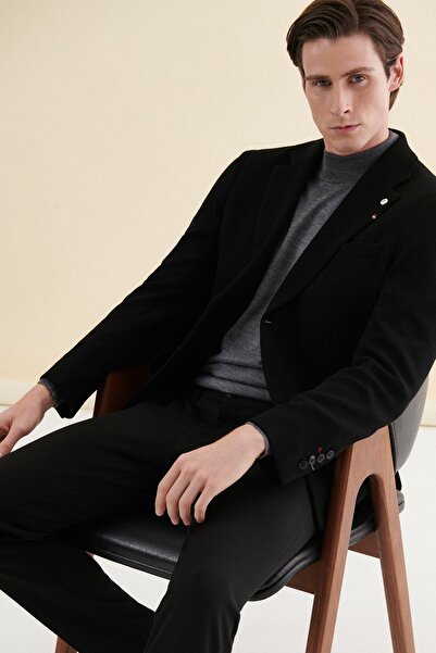 Damat Regular Fit Siyah Düz %100 Yün Kumaş Ceket