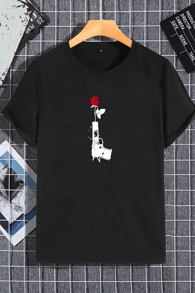 Jobia Outdoors Μπλουζάκι Unisex Γυναικείο Ανδρικό Τριαντάφυλλο και Πιστόλι με στάμπα μεγάλου μεγέθους