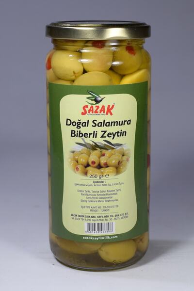 sazak zeytin zeytinyağı Biber Dolgulu Yeşil Zeytin 250 gr Biberli Zeytin