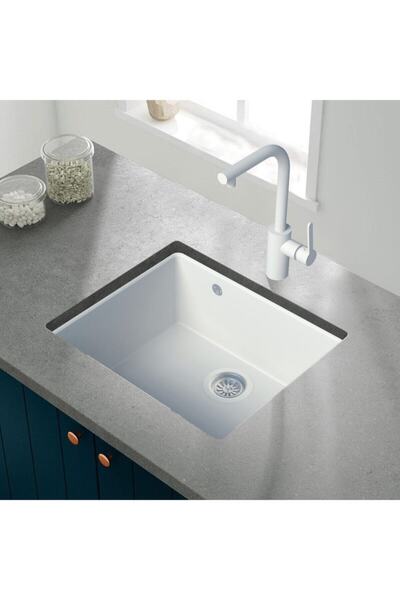 Vıvıano 1 Göz Mermer Altı 44x56 Cm Beyaz Granit Evye Sifon