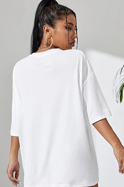 MODAGEN Cool Mom T-Shirt - White printed Oversize καλοκαιρινό κοντομάνικο T-shirt Crew Neck