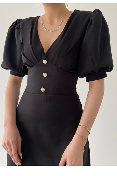 Secret Passion Lingerie Rochie de damă, bumbac, țesătură Atlas, cu nasturi, cu decolteu în V, mâneci scurte cu balon, lungime midi, rochie neagră cu croi clopot 153