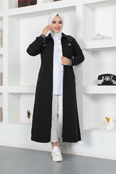 benguen 7808 Pearl Detailed Long Denim Cap Black