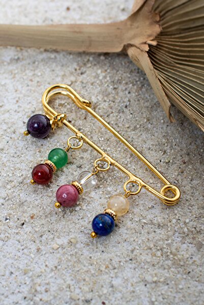 ÇAKRA DOĞAL TAŞ Doğal Taşlı 7 Çakra Altın Kaplama Yaka Iğnesi